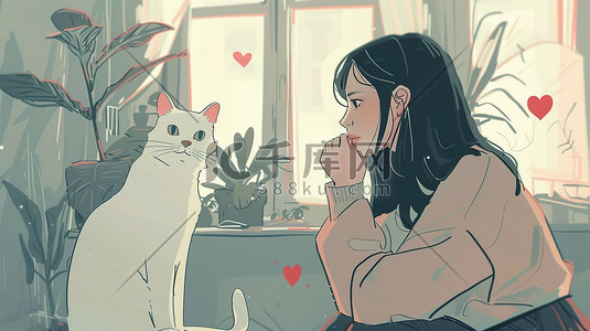秋分房间插画图片_房间里一只猫和女孩插图