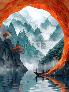 莫兰迪绿背景插画图片_莫兰迪色纸艺轻舟万重山插图