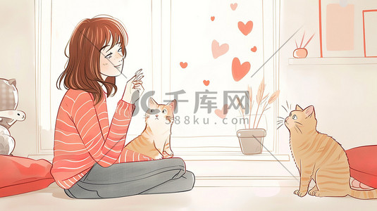 房间里一只猫和女孩插画图片