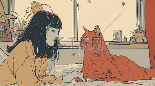 宠物宠物海报插画图片_房间里一只猫和女孩插画海报