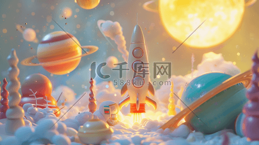 彩色缤纷梦幻卡通星球宇宙飞船的插画