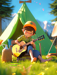 可爱的男孩露营弹吉他插画海报