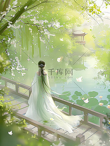 冰绿色的汉服春天景色插画图片