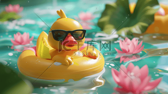 小黄插画图片_彩色泳池里小黄鸭泳圈眼镜的插画1