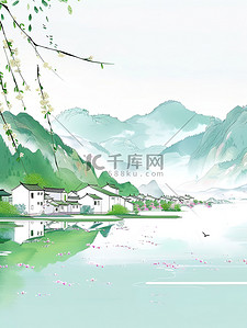 绿水青山湖边乡村插图