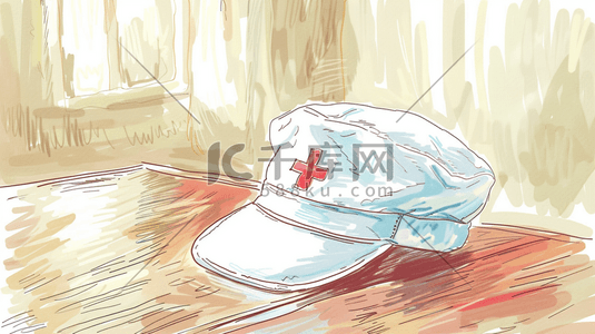 手绘盆景插画图片_手绘绘画桌面上护士帽的插画