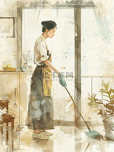彩色手绘水彩居家女性干家务的插画9
