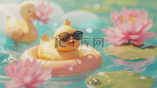 新年小黄鸡插画图片_彩色泳池里小黄鸭泳圈眼镜的插画5