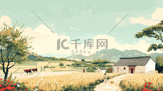 农村温暖的家插画图片_手绘水彩农村田园房屋放牛的插画7