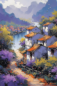 紫色的插画图片_浅紫色的花朵的村庄水彩插图