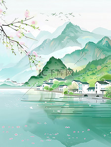 绿水青山湖边乡村插画图片