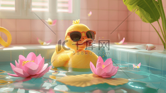 荷叶黄色插画图片_彩色泳池里小黄鸭泳圈眼镜的插画7