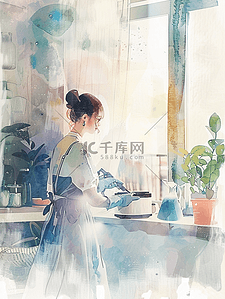 手绘女性插画图片_彩色手绘水彩居家女性干家务的插画6