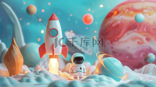 彩色缤纷梦幻卡通星球宇宙飞船的插画