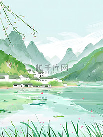 绿水青山湖边乡村插画海报