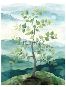 小树插画图片_一棵小树背后是远山插画
