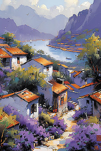 紫色的插画图片_浅紫色的花朵的村庄水彩插画设计