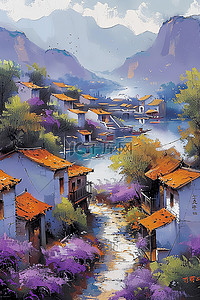 色的插画图片_浅紫色的花朵的村庄水彩插画海报