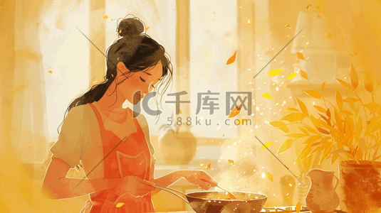 黄色手绘插画图片_黄色手绘绘画厨房里女子做饭的插画17