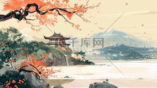 古韵山水插画图片_彩色手绘绘画古风山水古韵景色的插画