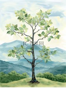 一棵小树背后是远山插画海报