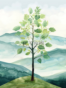 笔直的小树插画图片_一棵小树背后是远山插画素材