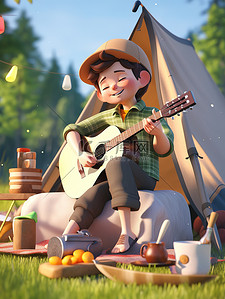 可爱的插图插画图片_可爱的男孩露营弹吉他插图