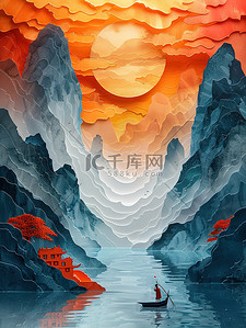 部队展板设计插画图片_莫兰迪色纸艺轻舟万重山插画设计