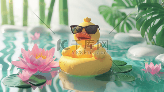 荷叶黄色插画图片_彩色泳池里小黄鸭泳圈眼镜的插画4