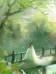 冰绿色的汉服春天景色插画图片