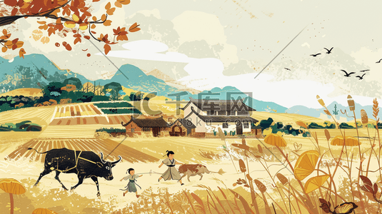农村文化墙插画图片_手绘水彩农村田园房屋放牛的插画2