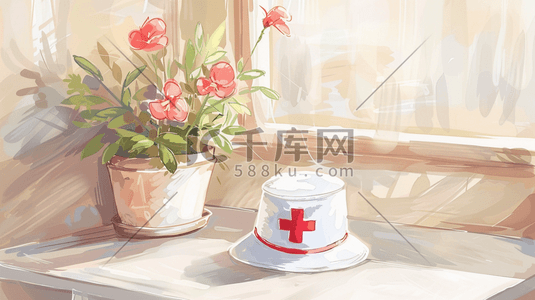 手绘盆景插画图片_手绘绘画桌面上护士帽的插画
