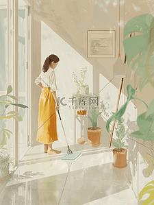 手绘女性手绘女性插画图片_彩色手绘水彩居家女性干家务的插画2