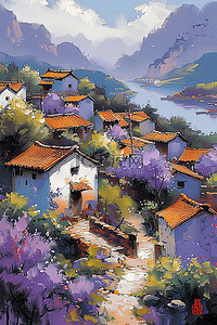 浅紫色的花朵的村庄水彩插画设计