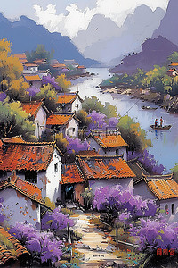 紫色的插画图片_浅紫色的花朵的村庄水彩插画素材