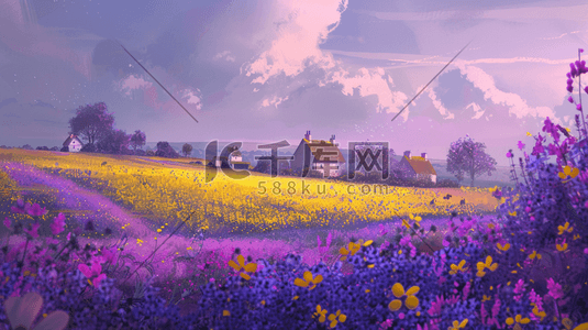 气雾剂详情模板插画图片_紫色田园户外风景景区的插画1