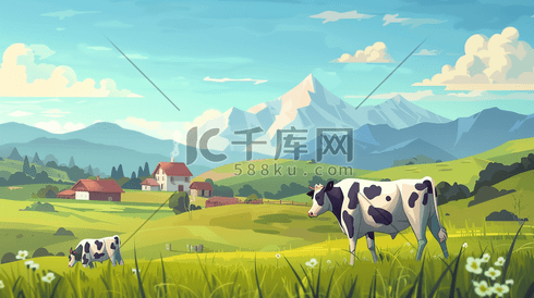 彩色手绘绘画户外农场奶牛的插画5