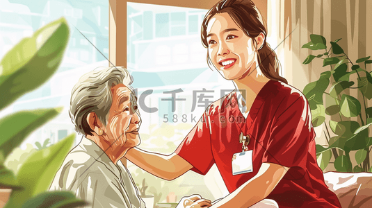 节日彩色插画图片_彩色手绘绘画护士在诊室的插画