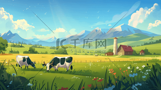 彩色手绘绘画户外农场奶牛的插画13
