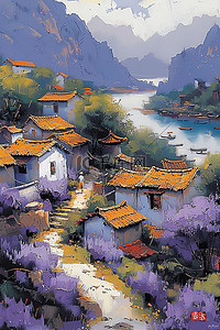 浅紫色的花朵的村庄水彩插画素材