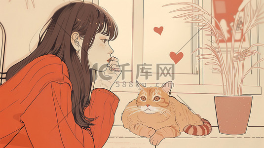 秋分房间插画图片_房间里一只猫和女孩矢量插画