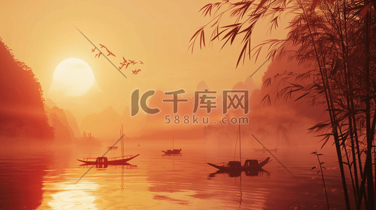 帆船航行插画图片_中国风江水中的帆船插画