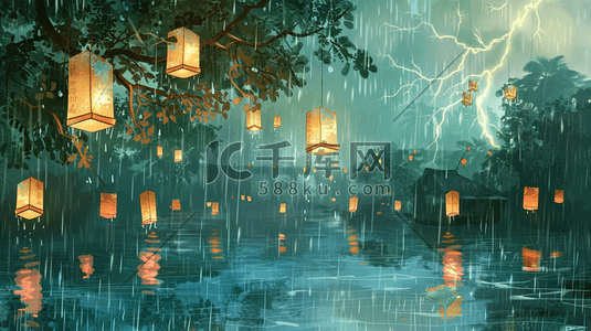 下雨的插画图片_彩色手绘雨季山水风景区下雨的插画