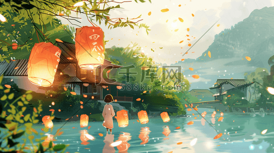 彩色手绘户外风景山水景色河面孔明灯的插画