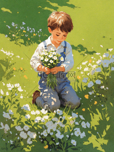 漂亮的花插画图片_一个漂亮的小孩在浪漫春日里素材