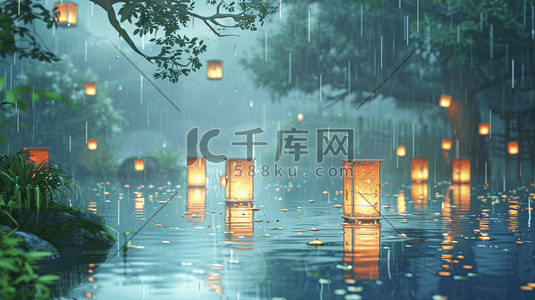 彩色手绘雨季山水风景区下雨的插画