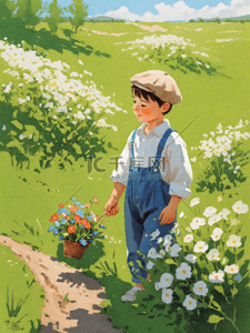 漂亮的花插画图片_一个漂亮的小孩在浪漫春日里素材