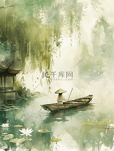 划船小船插画图片_中国风水中滑行的小船插画
