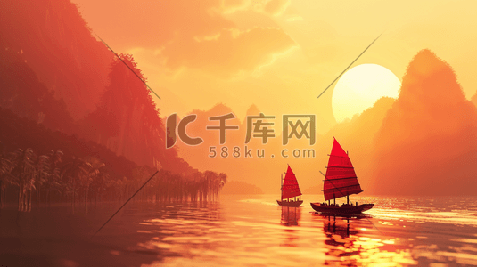 江插画图片_中国风江水中的帆船插画