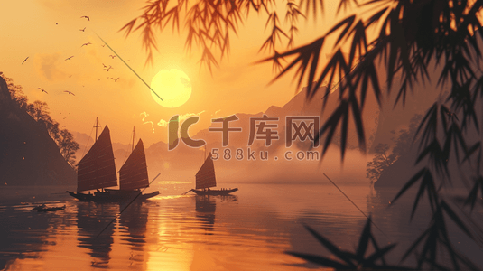 帆船航行插画图片_中国风江水中的帆船插画